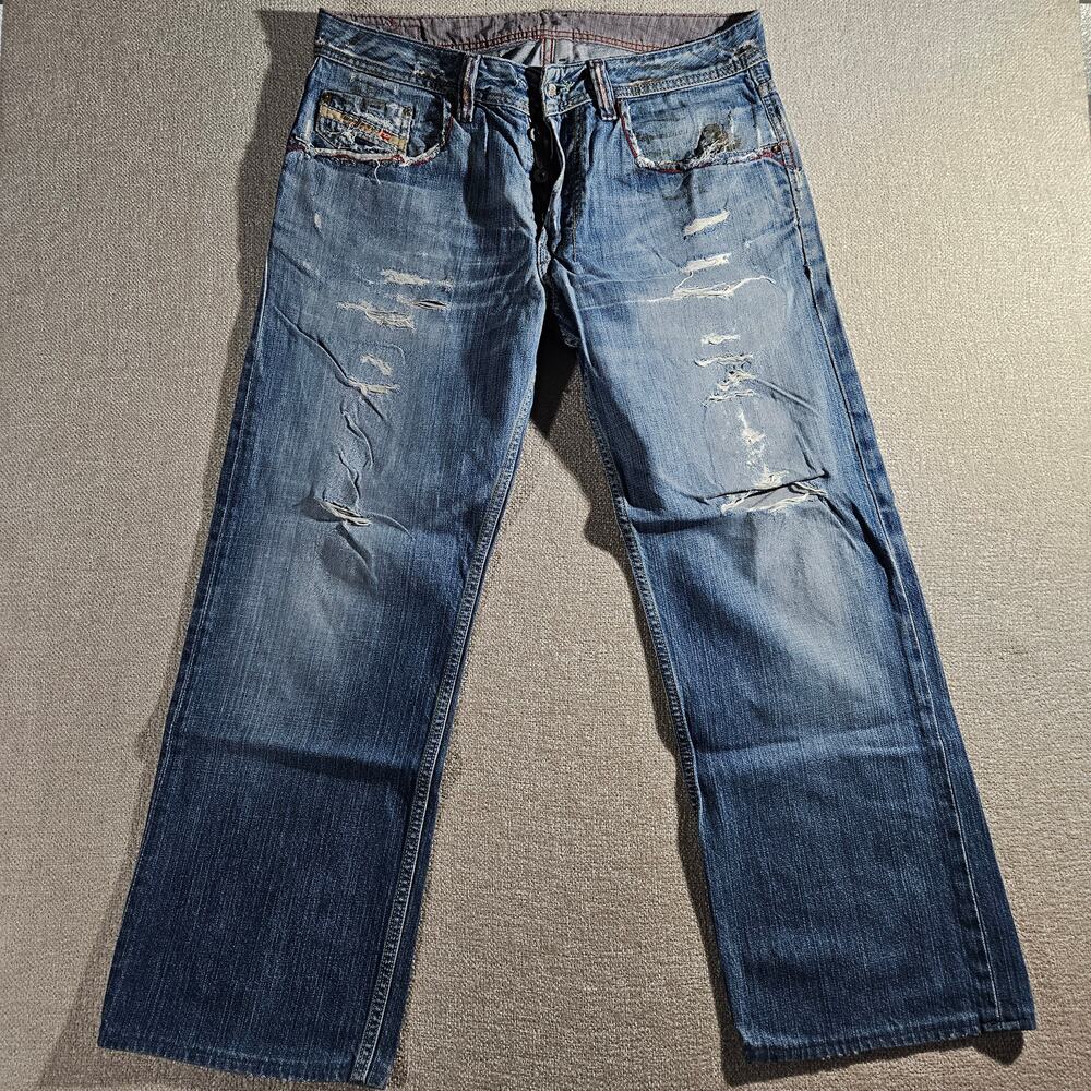 Diesel Distressed Jeans Mens 33 Blue Denim Button Fly Designer Hemmed Y2K